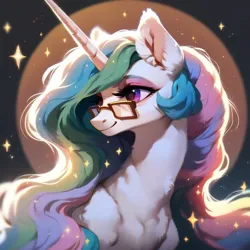 Size: 922x921 | Tagged: safe, ai content, derpibooru import, machine learning assisted, machine learning generated, stable diffusion, princess celestia, alicorn, pony, beautiful, cute, detailed hair, ear fluff, eyeshadow, fluffy, g4, generator:purplesmart.ai, glasses, image, light, long hair, long mane, makeup, pink eyes, png, prompter:saltyvity, simple background, smiley face, solo, sparkles, stars