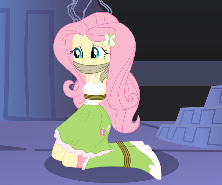 Size: 3000x2500 | Tagged: questionable, artist:nie-martw-sie-o-mnie, derpibooru import, fluttershy, human, equestria girls, friendship is magic, bondage, boots, bound and gagged, butterfly hairpin, cloth gag, clothes, equestria girls-ified, female, femsub, fluttersub, g4, gag, hairpin, humanized, image, kneeling, png, rope, rope bondage, shoes, skirt, solo, submissive