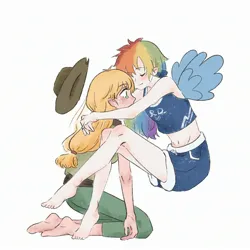 Size: 2480x2480 | Tagged: safe, artist:xiaojin315, derpibooru import, applejack, rainbow dash, human, appledash, belly button, blonde hair, crying, duo, duo female, eyes closed, female, hug, humanized, image, jpeg, legs, lesbian, midriff, multicolored hair, rainbow hair, shipping, simple background, smiling, white background