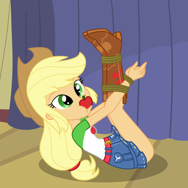 Size: 2000x2000 | Tagged: questionable, artist:nie-martw-sie-o-mnie, derpibooru import, applejack, human, boast busters, equestria girls, apple, apple gag, applesub, bondage, boots, bound and gagged, clothes, cowboy boots, cowboy hat, equestria girls interpretation, female, femsub, food, g4, gag, hat, hogtied, humanized, image, legs in air, lying down, on back, png, rope, rope bondage, scene interpretation, shoes, solo, submissive