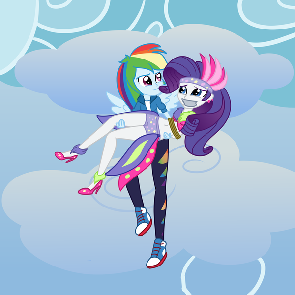 Size: 2500x2500 | Tagged: safe, artist:nie-martw-sie-o-mnie, derpibooru import, rainbow dash, rarity, human, equestria girls, sonic rainboom (episode), bondage, bound and gagged, bridal carry, carrying, clothes, equestria girls-ified, femsub, g4, gag, high heels, hot pants, humanized, image, leggings, png, rarisub, rope, rope bondage, shoes, submissive, tape, tape gag, wings