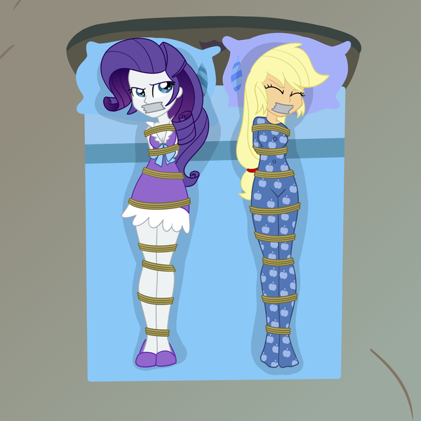 Size: 2000x2000 | Tagged: safe, artist:nie-martw-sie-o-mnie, derpibooru import, applejack, rarity, human, equestria girls, look before you sleep, applesub, bed, bondage, bound and gagged, breasts, cleavage, clothes, equestria girls-ified, eyes closed, femsub, g4, gag, humanized, image, lying down, nightgown, on back, pajamas, pillow, png, rarisub, rope, rope bondage, slippers, submissive, tape, tape gag