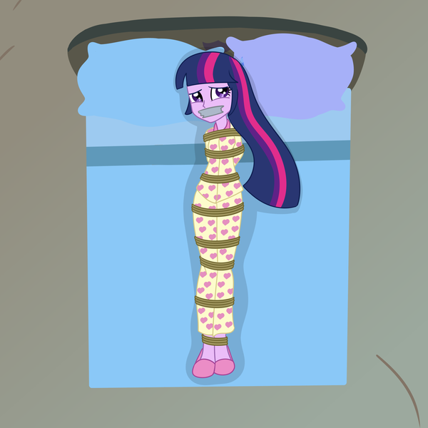 Size: 2000x2000 | Tagged: safe, artist:nie-martw-sie-o-mnie, derpibooru import, twilight sparkle, human, equestria girls, look before you sleep, bed, bondage, bound and gagged, clothes, equestria girls-ified, g4, gag, humanized, image, lying down, on back, pajamas, pillow, png, rope, rope bondage, slippers, tape, tape gag