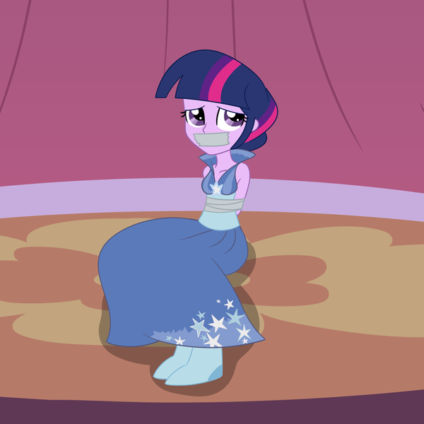 Size: 2000x2000 | Tagged: safe, artist:nie-martw-sie-o-mnie, derpibooru import, twilight sparkle, human, equestria girls, suited for success, bondage, bound and gagged, clothes, dress, equestria girls-ified, g4, gag, gala dress, humanized, image, png, sitting, stage, tape, tape bondage, tape gag
