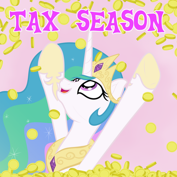 Size: 1919x1919 | Tagged: safe, artist:nitei, derpibooru import, princess celestia, alicorn, pony, bits, crown, happy, horse taxes, image, jewelry, looking up, peytral, png, regalia, solo, taxes, text, throwing