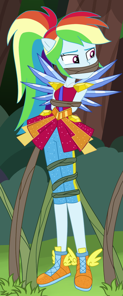 Size: 763x1836 | Tagged: safe, artist:nie-martw-sie-o-mnie, derpibooru import, rainbow dash, equestria girls, crystal guardian, dashsub, femsub, gag, image, png, solo, submissive, tied up, vine