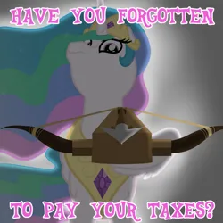 Size: 1919x1919 | Tagged: safe, artist:nitei, derpibooru import, princess celestia, alicorn, pony, backlighting, crossbow, crown, horse taxes, image, jewelry, looking at you, looking down, looking down at you, low angle, perspective, peytral, png, regalia, solo, taxes, text, threatening, weapon, wing hands, wings