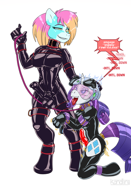 Size: 4962x7014 | Tagged: explicit, artist:kandlin, derpibooru import, rarity, oc, oc:country curves, anthro, dog, earth pony, unicorn, anthro oc, balls, brainwashed, brainwashing, canine penis, catsuit, clothes, collar, cuffs, dialogue box, dog collar, dominant, domination, duo, electricity, gloves, harness, horsecock, humping, hypnogear, hypnosis, hypnotized, image, jewelry, kneeling, knot, knotted penis, latex, latex gloves, latex suit, mind control, nudity, paw gloves, paw pads, paws, penis, pet play, png, puppy, ring, rubber, sex, sheath, smiling, smirk, standing, submissive, tack, tail, tail ring, text, tongue out, visor