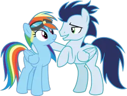 Size: 2116x1596 | Tagged: safe, artist:sollace, derpibooru import, rainbow dash, soarin', pegasus, pony, grannies gone wild, season 8, spoiler:s08, .svg available, bedroom eyes, clothes, derpibooru exclusive, eye contact, female, g4, goggles, image, looking at each other, looking at someone, male, mare, png, raised hoof, shipping fuel, simple background, smiling, stallion, transparent background, uniform, vector, wonderbolts uniform