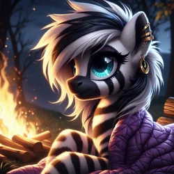 Size: 1024x1024 | Tagged: safe, ai content, machine learning generated, ponerpics import, ponybooru import, oc, unofficial characters only, zebra, bing, blanket, campfire, camping, ear piercing, earring, female, fluffy, image, jewelry, jpeg, night, piercing, solo, zebra oc