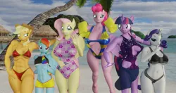 Size: 1966x1036 | Tagged: suggestive, artist:bananasugar, derpibooru import, applejack, fluttershy, pinkie pie, rainbow dash, rarity, twilight sparkle, twilight sparkle (alicorn), alicorn, anthro, earth pony, pegasus, pony, unicorn, 3d, abs, banana, beach, belly button, big breasts, bikini, black bikini, boob window, breasts, busty fluttershy, busty pinkie pie, busty rarity, butt grab, butt touch, clothes, cloud, erect nipples, floral print, food, futa, futa twilight sparkle, grope, group shot, image, intersex, jpeg, jumping, looking at you, mane six, nipple outline, one-piece swimsuit, palm tree, pink swimsuit, reasonably sized breasts, red bikini, sand, sling bikini, small breasts, striped swimsuit, swimsuit, tree, water, water wings