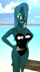 Size: 1080x1920 | Tagged: suggestive, artist:oatmeal!, derpibooru import, queen chrysalis, human, equestria girls, 3d, breasts, busty queen chrysalis, cleavage, clothes, dock, gmod, hand on hip, humanized, image, looking at you, ocean, one-piece swimsuit, png, sexy, solo, standing, swimsuit, tail, water, wide hips