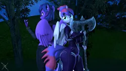 Size: 3840x2160 | Tagged: safe, artist:nightmarezoroark, derpibooru import, moondancer, sunset shimmer, twilight sparkle, oc, oc:midnight sparkle, oc:shimmering parkle, unofficial characters only, alicorn, anthro, 3d, axe, female, image, implied canon parent, implied lesbian, implied shipping, implied sunsetsparkle, implied twidancer, lesbian, png, ship:twidancer, shipping, siblings, sisters, source filmmaker, sunsetsparkle, sword, weapon