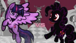 Size: 1280x720 | Tagged: safe, artist:fimroots, derpibooru import, discord, twilight sparkle, twilight sparkle (alicorn), alicorn, fighting is magic, chaos, discorded landscape, final boss, floating island, g4, game screencap, image, palette swap, png, ponyville, recolor, shadow pie, stage