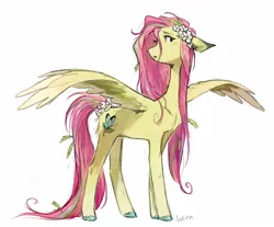 Size: 1529x1268 | Tagged: safe, artist:lutraviolet, derpibooru import, fluttershy, pegasus, pony, alternate design, blushing, colored hooves, colored wings, colored wingtips, female, flower, flower in hair, flower in tail, g4, image, jpeg, mare, messy mane, messy tail, open mouth, redesign, simple background, solo, spread wings, tail, unshorn fetlocks, white background, wings