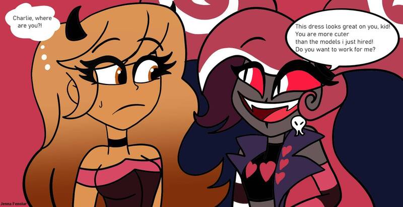 Size: 1920x989 | Tagged: safe, artist:jenna56, derpibooru import, oc, oc:jen star, demon, human, equestria girls, dialogue, duo, duo female, eye clipping through hair, eyebrows, eyebrows visible through hair, fake horns, female, hazbin hotel, image, jpeg, looking at each other, looking at someone, open mouth, open smile, smiling, speech bubble, sweat, sweatdrop, thought bubble, velvette