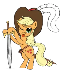 Size: 449x524 | Tagged: safe, artist:appulman, ponerpics import, applejack, feather, image, png, ponerpics fantasy community collab 2024, sword, tongue out, weapon