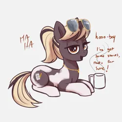 Size: 3000x3000 | Tagged: safe, artist:t72b, derpibooru import, ponified, earth pony, pony, coffee, coffee mug, female, image, jewelry, looking at you, lying down, mare, mug, necklace, png, ponified animal photo, prone, sunglasses, sunglasses on head, talking to viewer