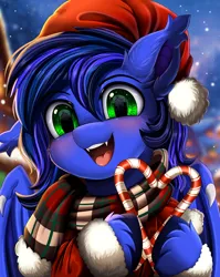 Size: 2550x3209 | Tagged: safe, artist:pridark, derpibooru import, oc, oc:guard cobalt flash, unofficial characters only, bat pony, bat pony oc, bat wings, blushing, candy, candy cane, christmas, commission, food, hat, holiday, image, png, santa hat, smiling, snow, wings, ych result