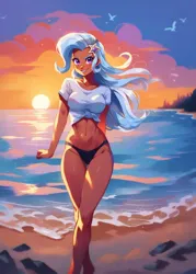 Size: 960x1344 | Tagged: suggestive, ai content, derpibooru import, editor:sammykun, machine learning generated, stable diffusion, trixie, human, beach, belly button, bikini, bikini bottom, black bikini, breasts, busty trixie, clothes, female, front knot midriff, full body, g4, generator:pony diffusion v6 xl, generator:purplesmart.ai, hairpin, humanized, image, jpeg, long hair, looking at you, midriff, prompter:sammykun, shirt, short sleeves, smiling, solo, sunset, swimsuit, tan skin, tanned, white shirt, wide hips