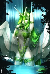 Size: 1736x2559 | Tagged: suggestive, artist:taiga-blackfield, derpibooru import, oc, oc:eos, unofficial characters only, alicorn, alicorn oc, bathing, horn, image, jpeg, solo, water, waterfall, wings