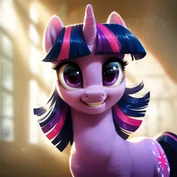 Size: 1024x1024 | Tagged: safe, ai content, derpibooru import, machine learning generated, prompter:maresforever, stable diffusion, twilight sparkle, pony, unicorn, g4, generator:purplesmart.ai, happy, image, looking at you, png, smiling, solo