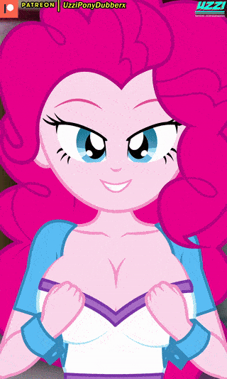 Size: 320x533 | Tagged: questionable, artist:uzzi-ponydubberx, derpibooru import, pinkie pie, human, equestria girls, animated, blushing, breasts, busty pinkie pie, censored, censored breasts, exposed breasts, female, gif, image, looking at you, patreon, patreon censored, patreon logo, solo, solo female