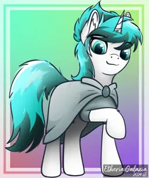Size: 1390x1651 | Tagged: safe, artist:etheria galaxia, derpibooru import, oc, oc:tundral gale, unofficial characters only, pony, unicorn, cloak, clothes, commissioner:wolvan, ear fluff, gradient background, horn, image, looking at you, png, signature, unicorn oc, watermark