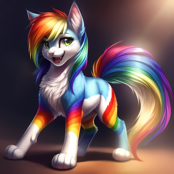 Size: 3072x3072 | Tagged: safe, ai content, derpibooru import, machine learning generated, rainbow dash, cat, catified, chest fluff, cute, dashabetes, ear fluff, fangs, fluffy, g4, image, open mouth, png, simple background, solo, species swap, whiskers, wrong eye color