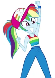 Size: 693x977 | Tagged: safe, derpibooru import, rainbow dash, human, equestria girls, armpits, arms in the air, big grin, big smile, cheering, fist, g4, grin, image, png, simple background, smiling, white background