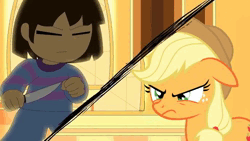 Size: 686x386 | Tagged: safe, ai content, derpibooru import, machine learning assisted, applejack, ai cover, animated, frisk, image, solo, sound only, steven universe, stronger than you, undertale, video, webm