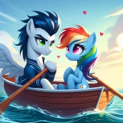 Size: 1024x1024 | Tagged: safe, ai content, derpibooru import, machine learning generated, prompter:*rainbow dash*, rainbow dash, soarin', boat, clothes, cloud, female, g4, generator:bing image creator, generator:dall-e 3, image, jacket, jpeg, male, missing wing, shipping, sky, soarindash, spread wings, straight, water, wings