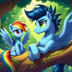 Size: 1024x1024 | Tagged: safe, ai content, derpibooru import, machine learning generated, prompter:*rainbow dash*, rainbow dash, soarin', female, g4, generator:bing image creator, generator:dall-e 3, image, jpeg, male, resting, shipping, sitting in a tree, soarindash, spread wings, straight, tree, wings