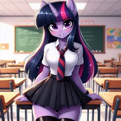 Size: 1024x1024 | Tagged: safe, ai content, derpibooru import, machine learning generated, twilight sparkle, anthro, blushing, breasts, busty twilight sparkle, chalkboard, classroom, clothes, desk, g4, generator:bing image creator, generator:dall-e 3, image, indoors, jpeg, leaning on table, legs together, long hair, looking at you, miniskirt, necktie, pleated skirt, school desk, school uniform, shirt, skirt, smiling, smiling at you, socks, solo, thigh highs, watch, wristwatch, zettai ryouiki