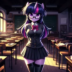 Size: 1024x1024 | Tagged: prompter needed, source needed, safe, ai content, derpibooru import, machine learning generated, twilight sparkle, anthro, breasts, busty twilight sparkle, cardigan, chalkboard, classroom, clothes, desk, dust motes, female, g4, generator:bing image creator, generator:dall-e 3, glasses, hands behind back, image, indoors, jpeg, legs together, long hair, looking at you, miniskirt, pleated skirt, school desk, school uniform, skirt, smiling, smiling at you, socks, solo, standing, thigh highs, zettai ryouiki
