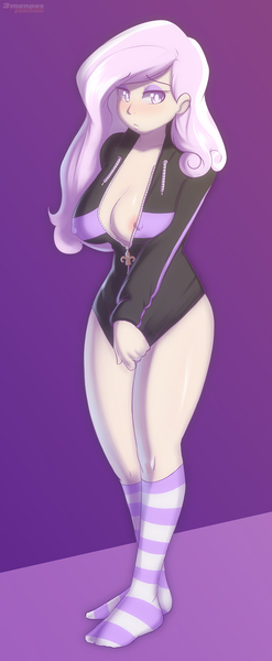 Size: 1000x2430 | Tagged: questionable, artist:3mangos, derpibooru import, fleur-de-lis, human, areola, blushing, bottomless, braless, breasts, busty fleur-de-lis, clothes, covering, embarrassed, eyeshadow, feet, female, g4, humanized, image, jpeg, makeup, nipple slip, nipples, no bra underneath, no panties, no underwear, nudity, open clothes, partial nudity, pouting, shy, socks, solo, solo female, standing, striped socks, wardrobe malfunction, zipper