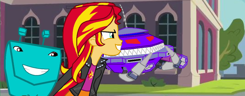 Size: 1075x423 | Tagged: safe, artist:mlpandboboiboyfan, derpibooru import, edit, sunset shimmer, alien, human, robot, equestria girls, equestria girls (movie), adudu, boboiboy, canterlot high, cropped, crossover, destroyer probe, equestria girls-ified, evil grin, g4, grin, image, png, smiling