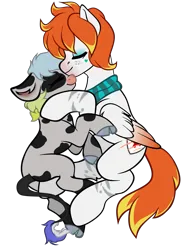 Size: 1599x2138 | Tagged: safe, artist:dookin, derpibooru import, oc, oc:dookin foof lord, oc:lamb, unofficial characters only, clothes, cloven hooves, cow oc, cuddling, cute, heart, image, love, png, scarf, simple background, snuggling, transparent background