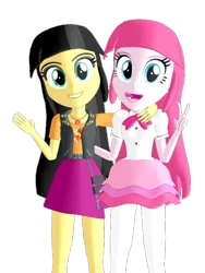 Size: 1000x1333 | Tagged: safe, derpibooru import, pinkie pie, sunset shimmer, equestria girls, equestria girls series, 3d, black hair, clothes, cosplay, costume, eyeshadow, grin, image, makeup, mmd, png, smiling