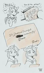 Size: 731x1200 | Tagged: safe, artist:fizzlesoda2000, derpibooru import, jack pot, trixie, pony, unicorn, brooch, comic, g4, handwriting, heartwarming, image, jewelry, jpeg, photo, smiling, thought bubble, trans trixie, transgender, trixie's brooch