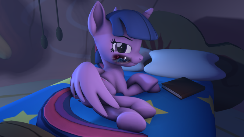 Size: 3840x2160 | Tagged: questionable, alternate version, artist:~stuffguy123, derpibooru import, trixie, twilight sparkle, twilight sparkle (alicorn), alicorn, pony, 3d, bed, bedroom, book, butt, fetish, g4, golden oaks library, image, internal, library, lying down, moonlight, night, plot, png, reading, side, source filmmaker, trixie prey, twipred, vore, x-ray