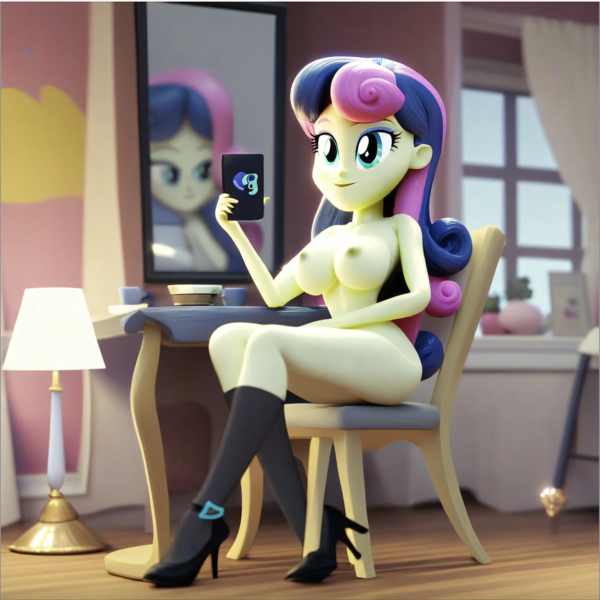 Size: 1430x1430 | Tagged: questionable, ai content, machine learning generated, stable diffusion, bon bon, sweetie drops, human, equestria girls, black high heels, black stockings, busty bon bon, chair, horny, image, iphone, lamp, mirror, nipples, nudist bon bon, nudity, png, practitioner of naturism, seductive pose, selfie, sexy, show accurate porn, sitting, smiling, solo, table