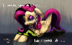 Size: 2048x1289 | Tagged: safe, artist:misstwipietwins, derpibooru import, fluttershy, pegasus, pony, but i eated it, choker, crumbs, crying, emoshy, female, floppy ears, g4, image, jpeg, lying down, mare, prone, sad, solo, sploot, text