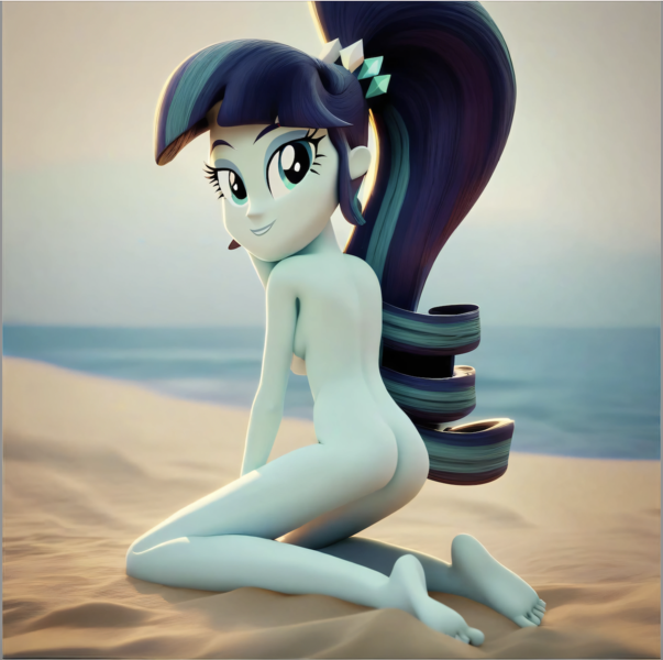 Size: 1436x1428 | Tagged: questionable, ai content, machine learning generated, stable diffusion, coloratura, human, equestria girls, aroused, beach, beach babe, busty coloratura, exhibitionism, flirty, inviting, looking back at you, nude beach, nudist coloratura, nudity, png, pornstar, sand, seductive pose, sexy, show accurate porn, sitting on knees, smiling, solo, sunbathing