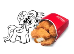 Size: 1876x1370 | Tagged: safe, artist:opalacorn, derpibooru import, oc, oc:void, unofficial characters only, pegasus, pony, chicken meat, chicken nugget, eating, female, food, image, jpeg, mare, meat, onomatopoeia, ponies eating meat, simple background, solo, tiny, tiny ponies, white background