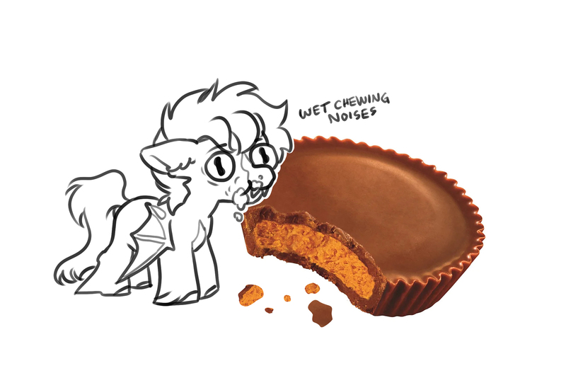 Size: 2217x1479 | Tagged: safe, artist:opalacorn, derpibooru import, oc, unofficial characters only, pony, candy, chocolate, commission, descriptive noise, eating, fangs, floppy ears, food, image, jpeg, peanut butter, reese's peanut butter cups, simple background, solo, tiny, tiny ponies, white background, wings, wings down, ych result