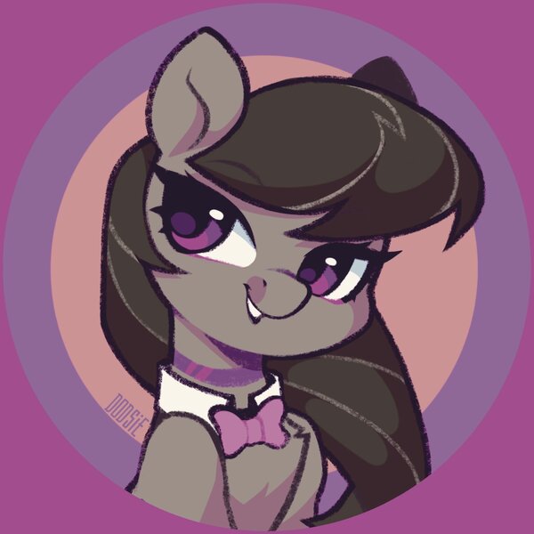 Size: 2039x2039 | Tagged: safe, artist:dodsie, derpibooru import, octavia melody, earth pony, pony, abstract background, bowtie, bust, female, g4, image, jpeg, portrait, signature, smiling, solo