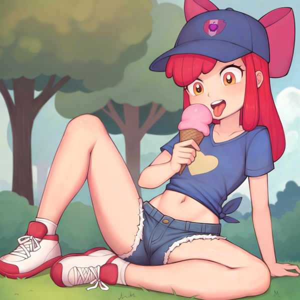 Size: 2500x2500 | Tagged: safe, ai content, derpibooru import, machine learning assisted, apple bloom, human, baseball cap, belly button, blushing, bush, cap, clothes, denim, denim shorts, hat, heart, humanized, ice cream cone, image, outdoors, png, shirt, shoes, shorts, side knot, sitting, sneakers, socks, solo, tongue out, tree