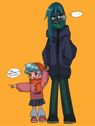 Size: 1536x2048 | Tagged: safe, artist:m09160, derpibooru import, cozy glow, queen chrysalis, human, equestria girls, ..., clothes, earmuffs, hand in pocket, hat, image, jacket, jpeg, long socks, pants, pointing, scarf, shoes, simple background, skirt, speech bubble, sweater, winter hat, yellow background
