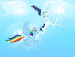 Size: 749x566 | Tagged: safe, artist:daringtiger, derpibooru import, rainbow dash, soarin', pegasus, pony, female, flying, image, jpeg, male, mare, shipping, soarindash, stallion, straight